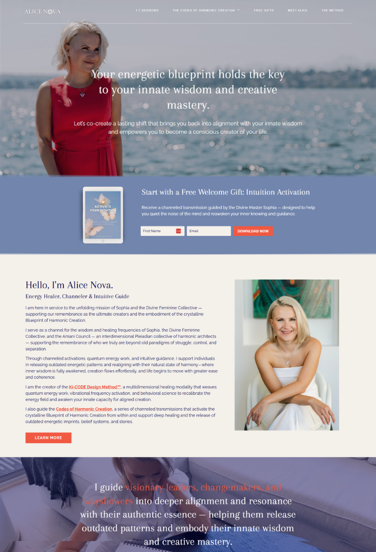 Homepage design for Alice Nova, an energy healer and holistic practitioner, featuring calming visuals, personal branding, and healing services messaging.
