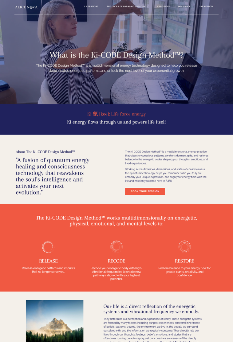 Services page design for Alice Nova energy healing practice outlining healing approach, modalities, and client transformation journey.