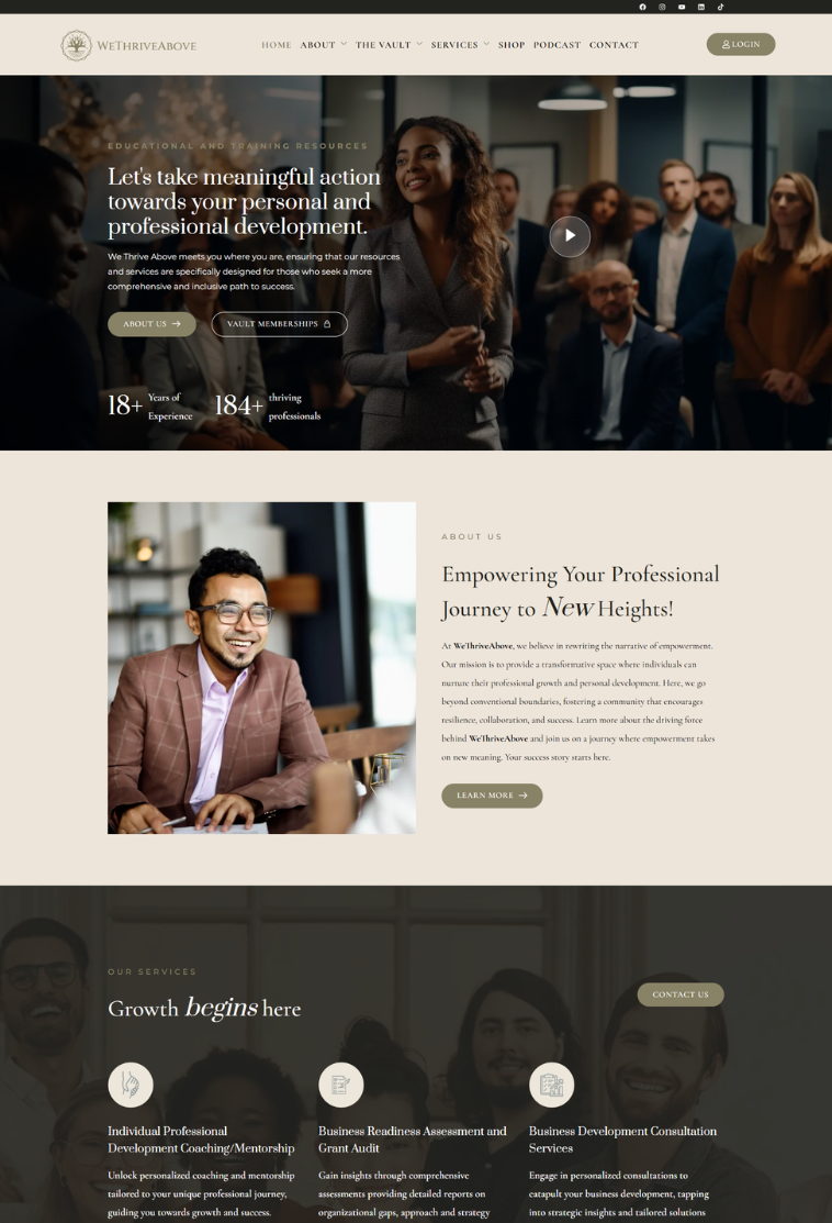 Homepage design for a consultant and career coach featuring leadership development messaging, professional branding, and structured client journey sections.