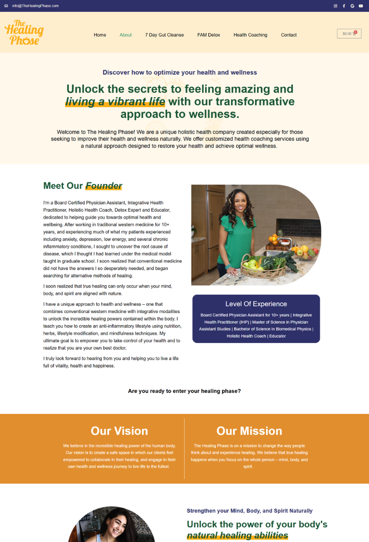About and mission page design for The Healing Phase health coaching website outlining detox philosophy and holistic health approach.
