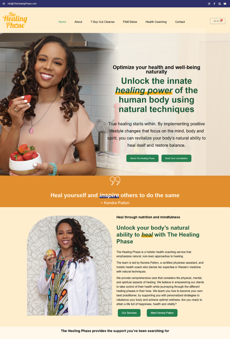 Homepage design for Kendra Patton of The Healing Phase, a health coach specializing in detox programs and holistic wellness transformation.