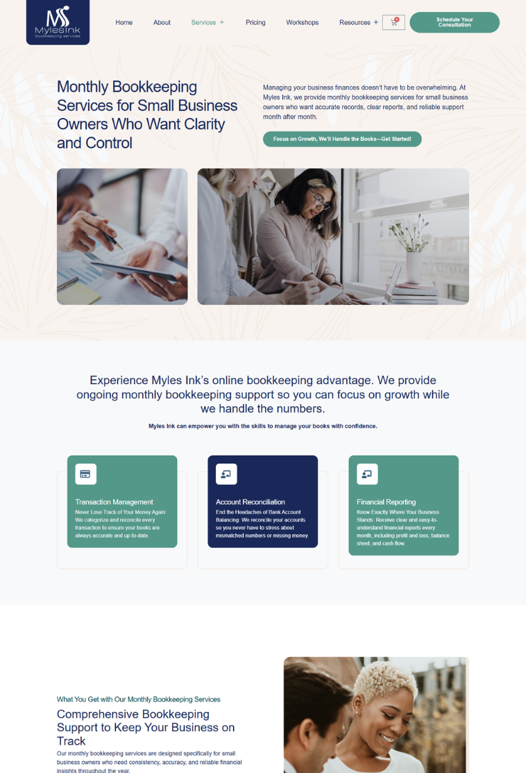 Services page design for Myles Ink bookkeeping company showcasing structured service offerings and clear messaging for business clients.