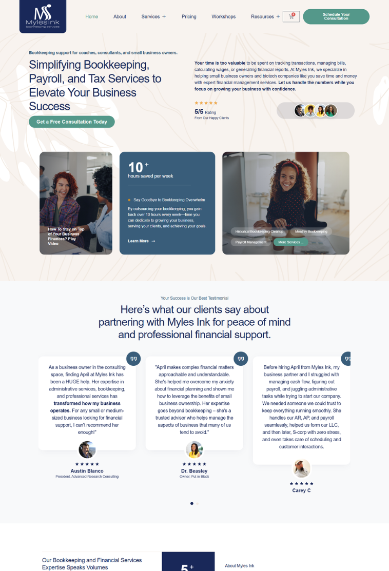 Homepage website design for Myles Ink, a professional bookkeeping company, featuring clean layout, financial services messaging, and client-focused structure.